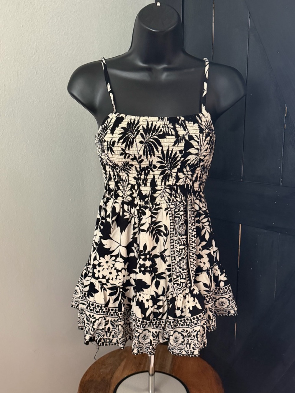 Angie Black and White Floral Smocked Mini Romper